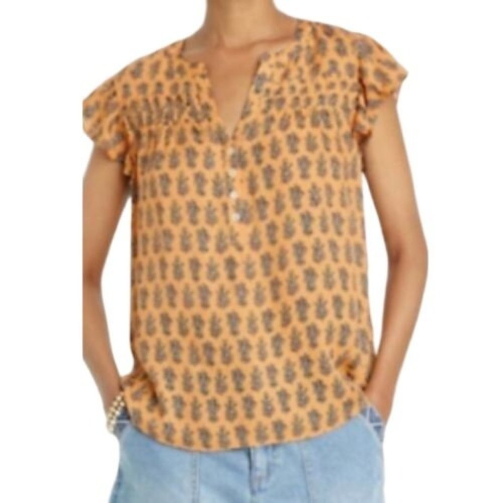 Women's 1/4 Button Down Flutter Sleeve Blouse -Knox Rose Sahara Gold Floral  XS